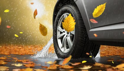 car tire with falling autumn leaves and splashing water illustration - obrazy, fototapety, plakaty