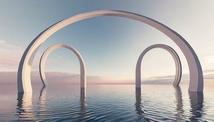3d render abstract zen seascape background nordic surreal scenery with geometric mirror arches calm water and pastel gradient sky futuristic minimalist wallpaper illustration - obrazy, fototapety, plakaty
