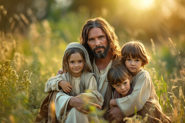 Jesus Christ and happy children - obrazy, fototapety, plakaty