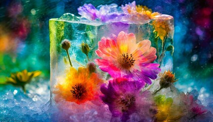 abstract background.a surreal and captivating scene of pretty flowers encased in an ice cube, radiating an array of rainbow colors. The frozen flowers should convey a dreamlike quality, blending the b