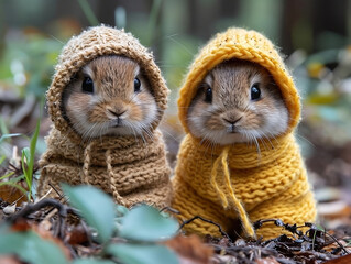 Easter Adorables: Cute Young Rabbits Dressed in Festive Easter Hoods, Capturing the Joyful Spirit of the Holiday