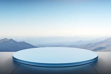 Sleek Round Glass Display on Minimalist Surface with Majestic Mountain Range in the Background - Modern Presentation Setting