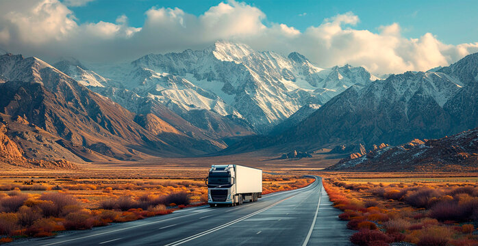 A truck drives along a mountain road, cargo delivery logistics - AI generated image