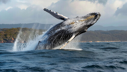 Humpback Whale Jumping Out of the Water - obrazy, fototapety, plakaty