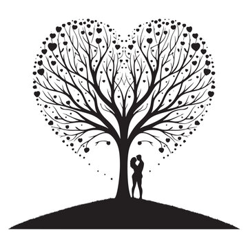 Romantic roots: Delicate tree silhouette, symbolizing the depth of a lasting connection - love tree silhouette Valentine Silhouette - love vector
