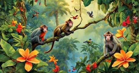 An image of a lush tropical rainforest canopy teeming with life. Show a diverse array of vibrant plant species, with monkeys swinging from branches and colorful birds darting - AI Generative - Generat - obrazy, fototapety, plakaty