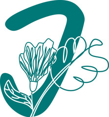 Stylized typography with capital letter I isolated initial design element and outline flower decoration vector