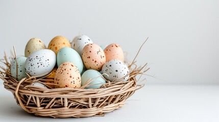Naklejka na ściany i meble Side view of eggs in nest on grey light background