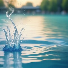 Water drop with water splashes and city background. 3d rendering