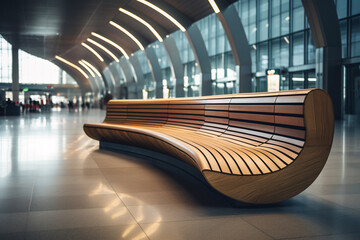 A curved wooden bench, modern in design, situated close to the airport.