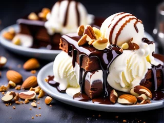 Poster Chocolate brownies, choco cake with vanilla ice cream and  nuts on plate. romantic Sweet sugary dessert close up © Pradeep leo