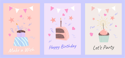 Fototapeta na wymiar Simple sweet set of hand drawn doodle illustrations for birthday greeting cards, party, birthday, web, banners, celebration material. Collection of postcards with cakes, candles and lettering