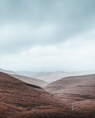 Arid Allure - A vast, desolate landscape of arid hills rolls under a moody sky, conveying the harsh...