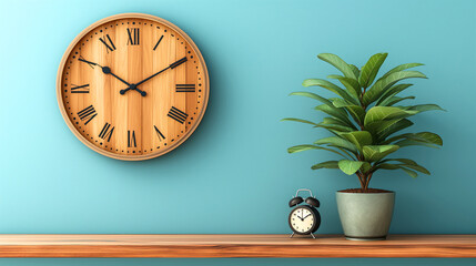 large wooden wall clock with Roman numerals, a small alarm clock, and a potted plant on a wooden shelf against a blue wall