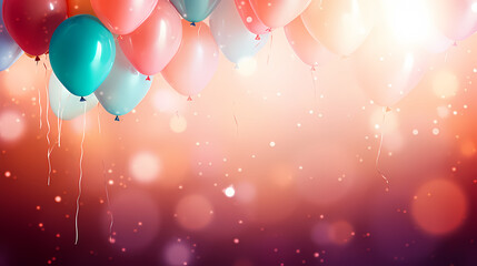 Obraz premium Holiday background with colorful balloons, confetti and ribbons. Holiday greeting card for birthday party, anniversary, New Year, Christmas or other events