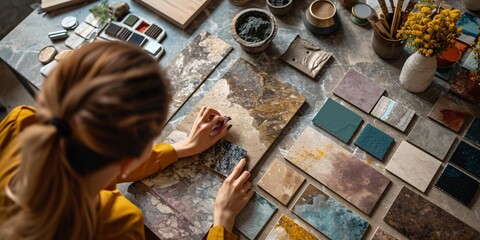 Female architect selects epoxy grout for ceramic tiles, comparing samples for interior renovation.