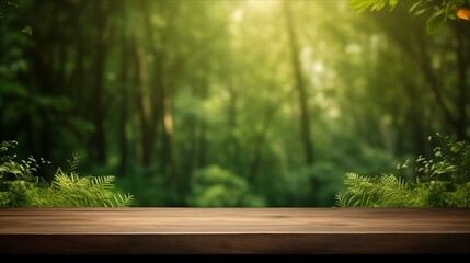 A wooden table sits amidst a lush green forest, providing a picturesque backdrop for product promotion