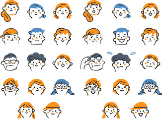 小学生から中高年までの市井の人々の喜怒哀楽の表情集　セット　イラスト素材
