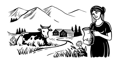 Cow with nature landscape vector hand drawn.