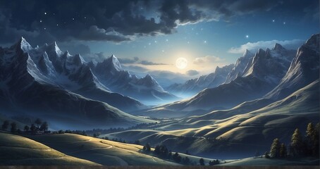 An image of a moonlit valley nestled between hills, with the soft glow of the moon casting shadows on the slopes - Generative AI