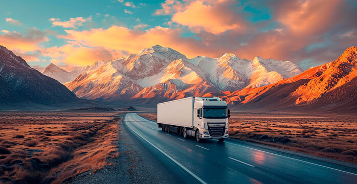 A truck drives along a mountain road, cargo delivery logistics - AI generated image