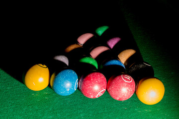 Bolas de bilhar coloridas sobre mesa de sinuca de tecido de cor verde.