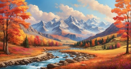 An image of a mountain valley ablaze with the colors of autumn, with vibrant foliage, winding trails, and a clear mountain stream meandering through the landscape - Generative AI