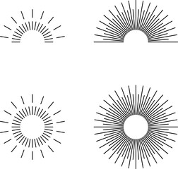 Vintage sunburst set. Bursting rays sunrise firework starburst blast, Radiant Spark. Rays. Geometric Design Elements. Retro radiant sunburst, starburst hand drawn label, sun rays. Vector