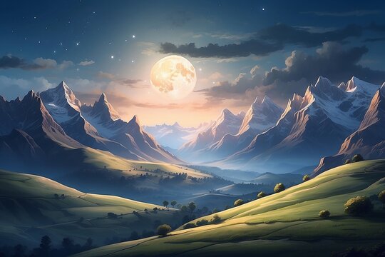 An image of a moonlit valley nestled between hills, with the soft glow of the moon casting shadows on the slopes and illuminating the serene landscape - Generative AI