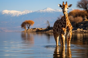 A young beautiful giraffe stands in an African lake.