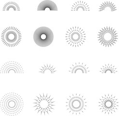 Vintage sunburst set. Bursting rays sunrise firework starburst blast, Radiant Spark. Rays. Geometric Design Elements. Retro radiant sunburst, starburst hand drawn label, sun rays. Vector
