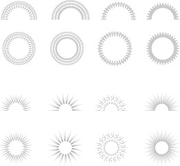 Vintage sunburst set. Bursting rays sunrise firework starburst blast, Radiant Spark. Rays. Geometric Design Elements. Retro radiant sunburst, starburst hand drawn label, sun rays. Vector