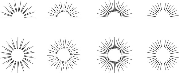 Vintage sunburst set. Bursting rays sunrise firework starburst blast, Radiant Spark. Rays. Geometric Design Elements. Retro radiant sunburst, starburst hand drawn label, sun rays. Vector - obrazy, fototapety, plakaty