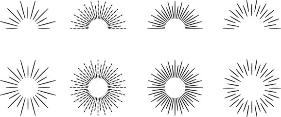 Vintage sunburst set. Bursting rays sunrise firework starburst blast, Radiant Spark. Rays. Geometric Design Elements. Retro radiant sunburst, starburst hand drawn label, sun rays. Vector