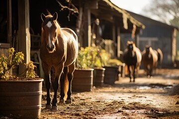 An old stable with horses, a cozy country stable.