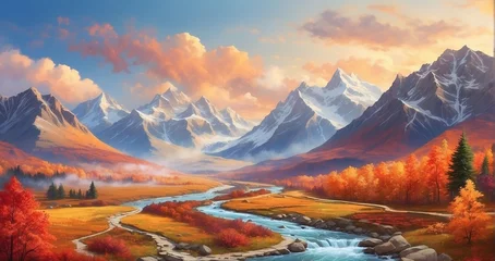 Fotobehang An image of a mountain valley ablaze with the colors of autumn, with vibrant foliage, winding trails, and a clear mountain stream meandering through the landscape - Generative AI © Huzaifa