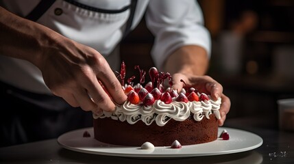Close-up on the hands of the pastry chef decorating a cake before serving.
