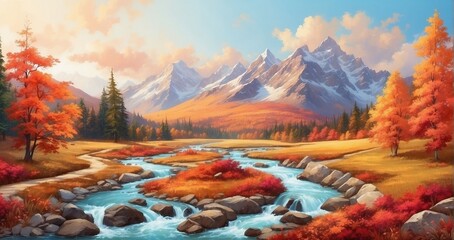 An image of a mountain valley ablaze with the colors of autumn, with vibrant foliage, winding trails, and a clear mountain stream meandering through the landscape - Generative AI - obrazy, fototapety, plakaty