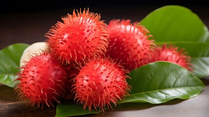 Closeup of fresh red ripe rambutan (Nephelium lappaceum) with leaves isolated on white background....