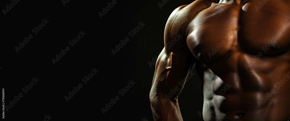 Canvas Prints Strong muscular male posing against black background, cropped close up shot