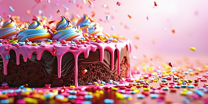 Sweet beautifully decorated with candies birthday cake on pink background, wallpaper, background.