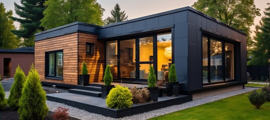 Fototapeta premium Luxurious modern cubic villa with wooden cladding, black panel walls, and stunning landscaping