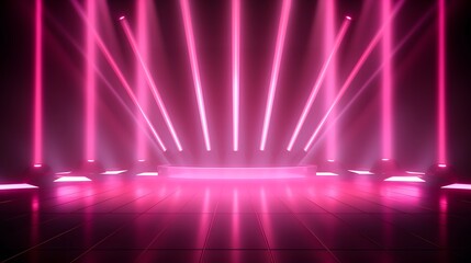 Empty stage light background with spotlight illuminated stage for concert or modern dance. Stage with pastel color decoration. Entertainment show. Night club stage with pink neon light.
