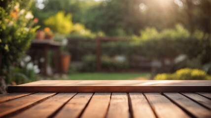 Naklejka premium Empty wooden table for product display montages in the park with nature background ,photo for product display montage, high quality photo 