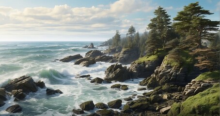 Obraz premium An image of a rocky shoreline with waves crashing against moss-covered trees, shaped by the relentless sea winds and tides - Generative AI