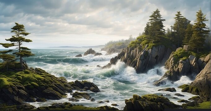 An image of a rocky shoreline with waves crashing against moss-covered trees, shaped by the relentless sea winds and tides - Generative AI
