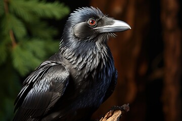 a black crow sits on a tree branch.