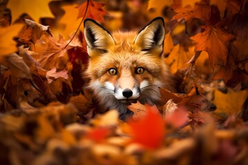 A curious fox peeking out from behind vibrant autumn foliage in a dense forest.