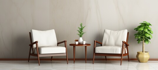Elegant mid century modern living room with brown lounge chairs and marble wall d  cor