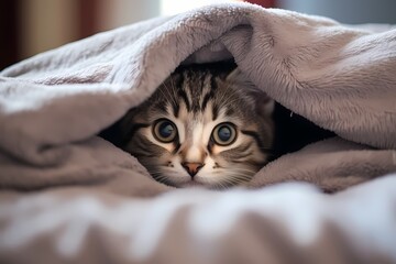 A curious kitten peeking out from a cozy blanket fort.
